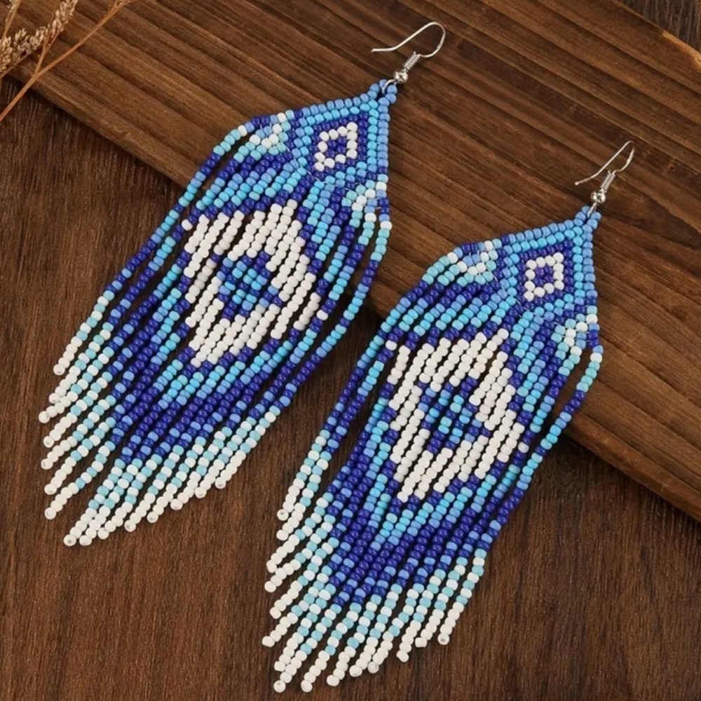 Artisan Blue and White Beaded Earrings